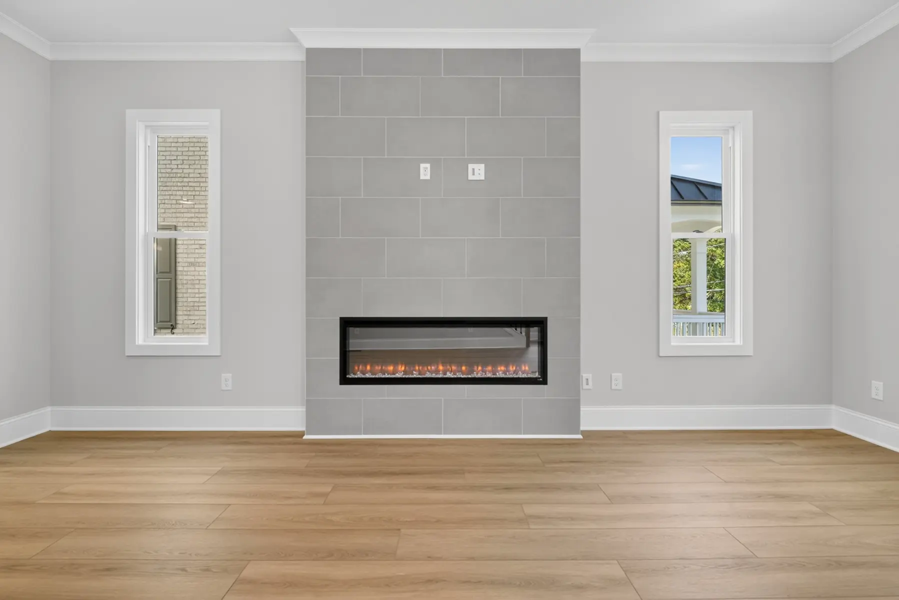 Modern linear fireplace and interior finish detail photographed by Archetype Visuals